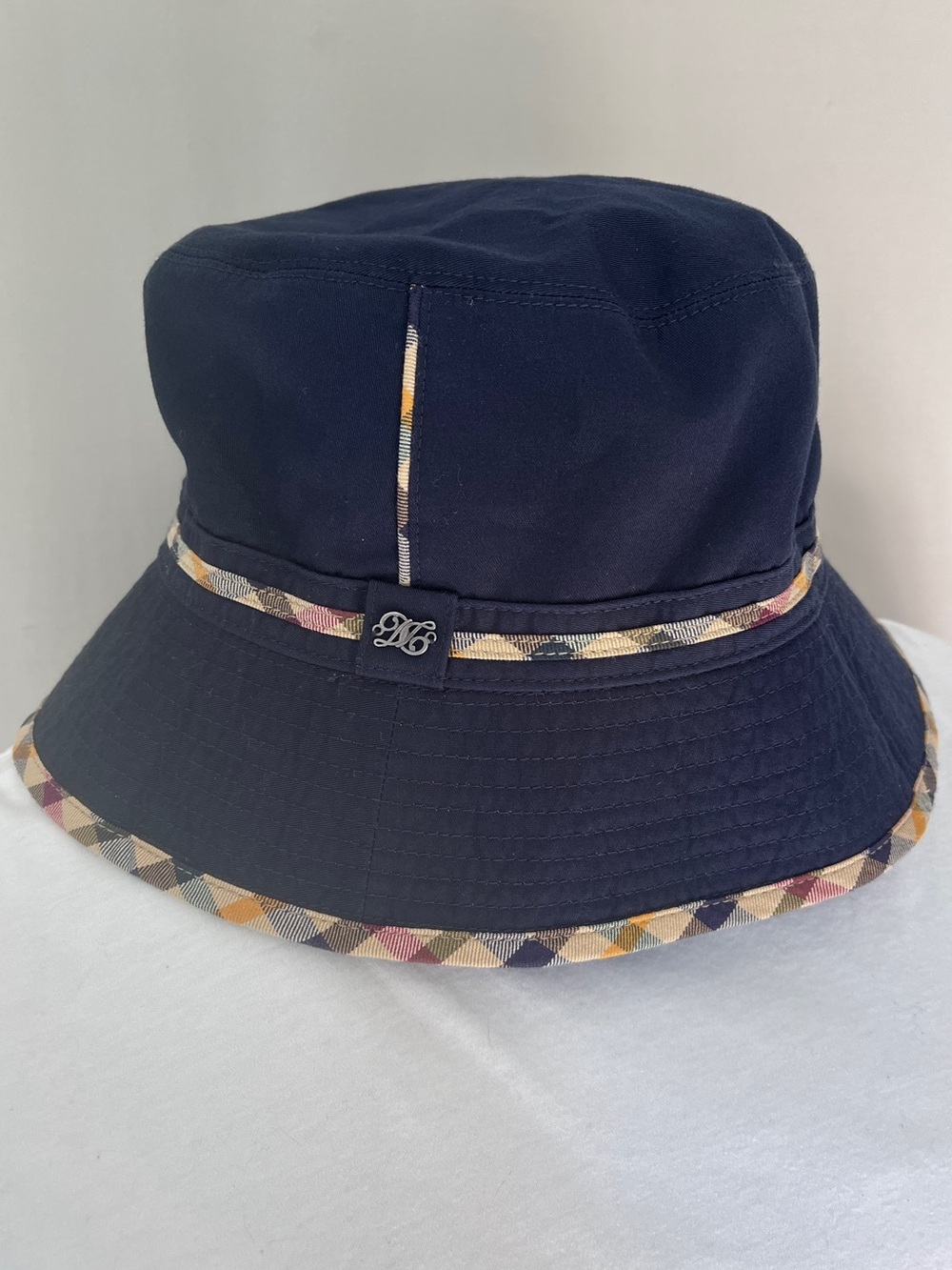 DAKS London Reversible Bucket Hat Navy Tan Check Plaid Classic Luxury - Picture 3 of 6